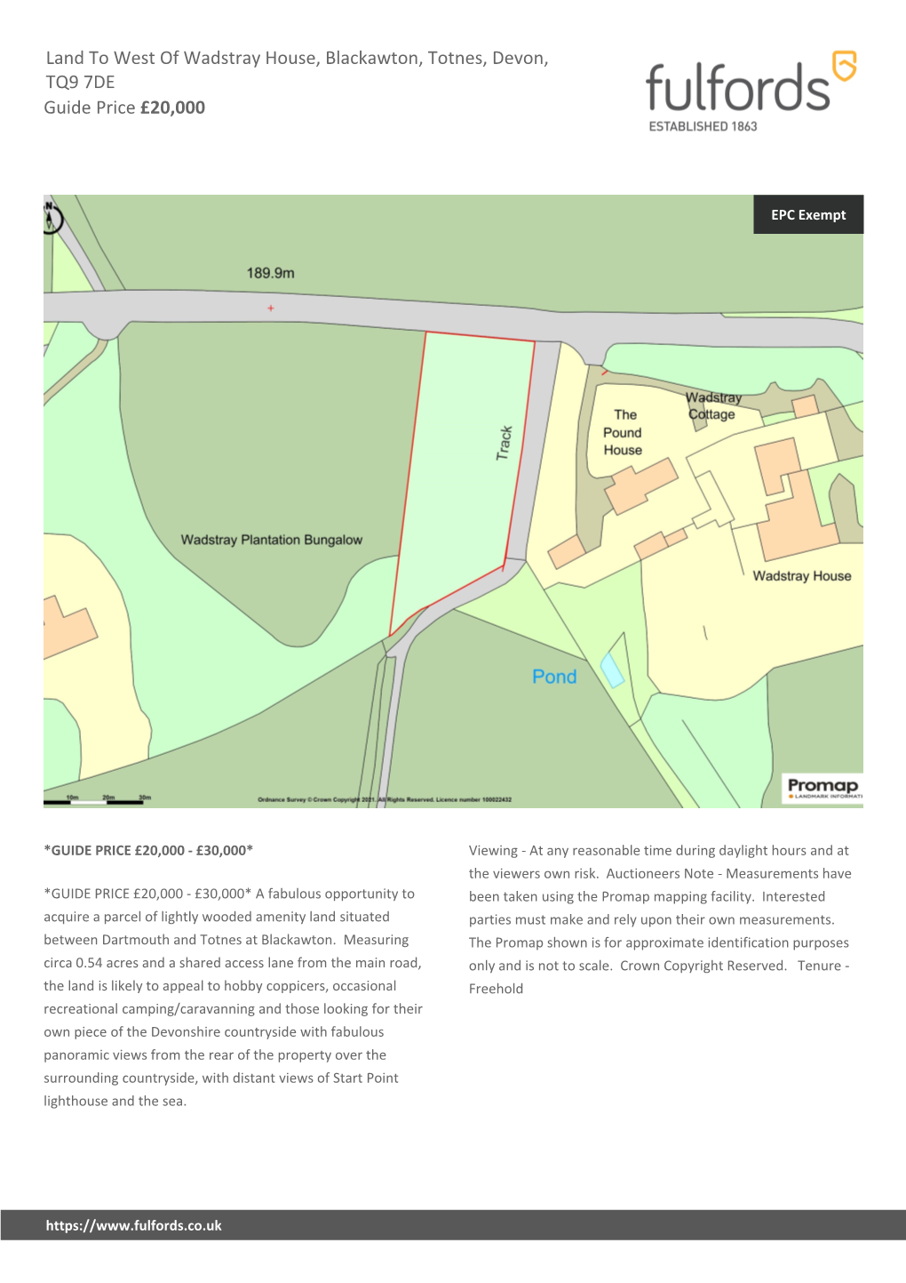 Land to West of Wadstray House, Blackawton, Totnes, Devon, TQ9 7DE Guide Price £20,000