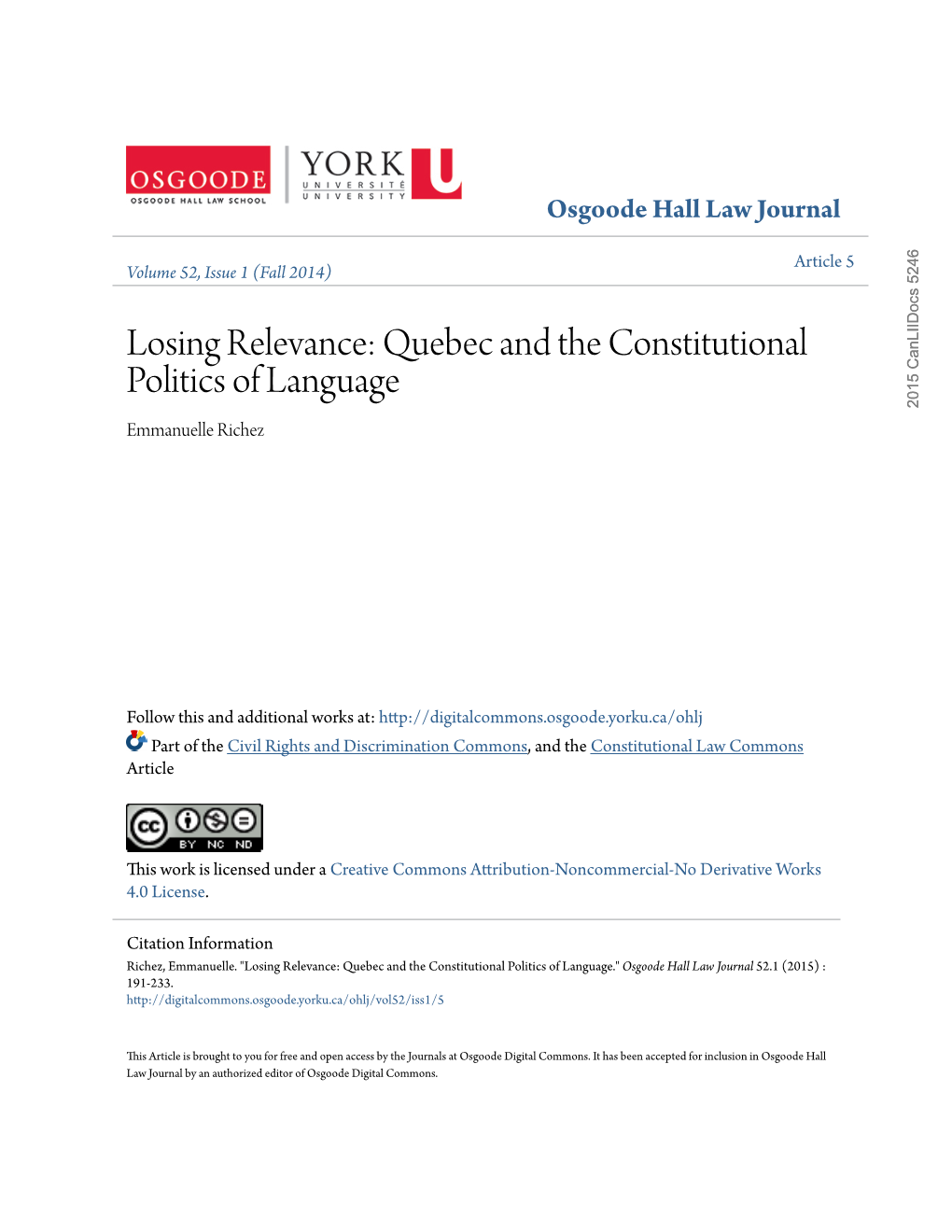 Quebec and the Constitutional Politics of Language 2015 Canliidocs 5246 Emmanuelle Richez