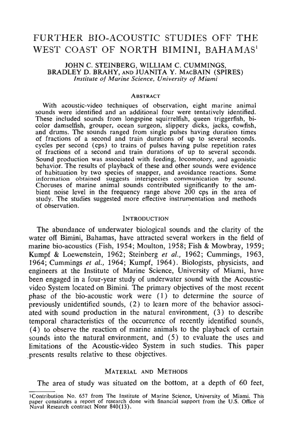 FURTHER BIO-ACOUSTIC STUDIES OFF the WEST COAST of NORTH BIMINI, Bahamasl