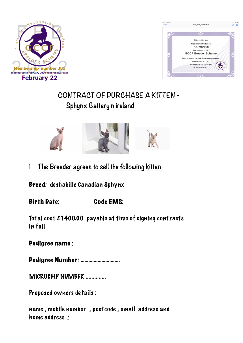 CONTRACT of PURCHASE a KITTEN - Sphynx Cattery N Ireland