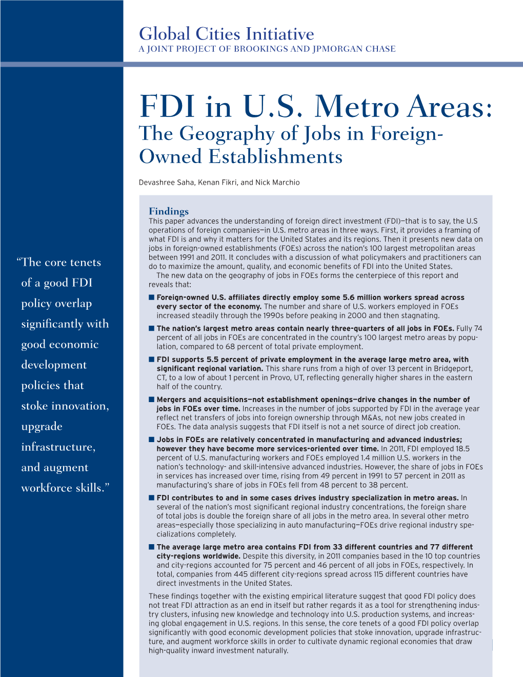 FDI in U.S. Metro Areas: the Geography of Jobs in Foreign- Owned Establishments