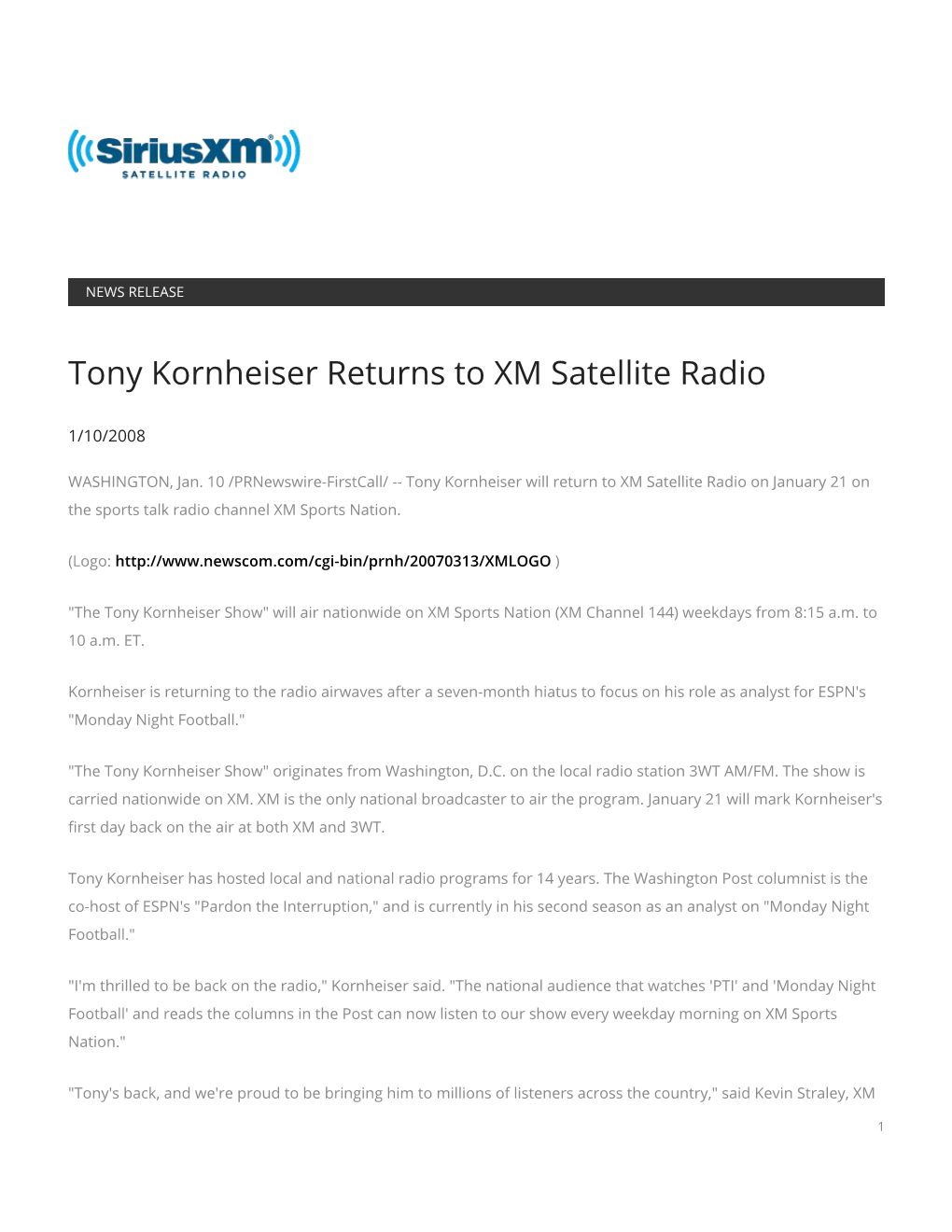 Tony Kornheiser Returns to XM Satellite Radio