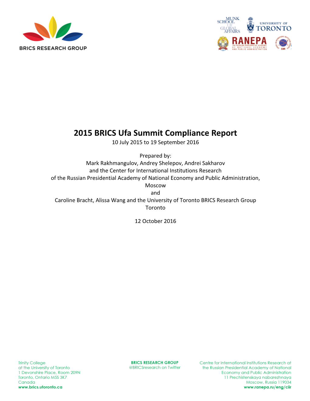 2015 BRICS Ufa Summit Compliance Report 10 July 2015 to 19 September 2016