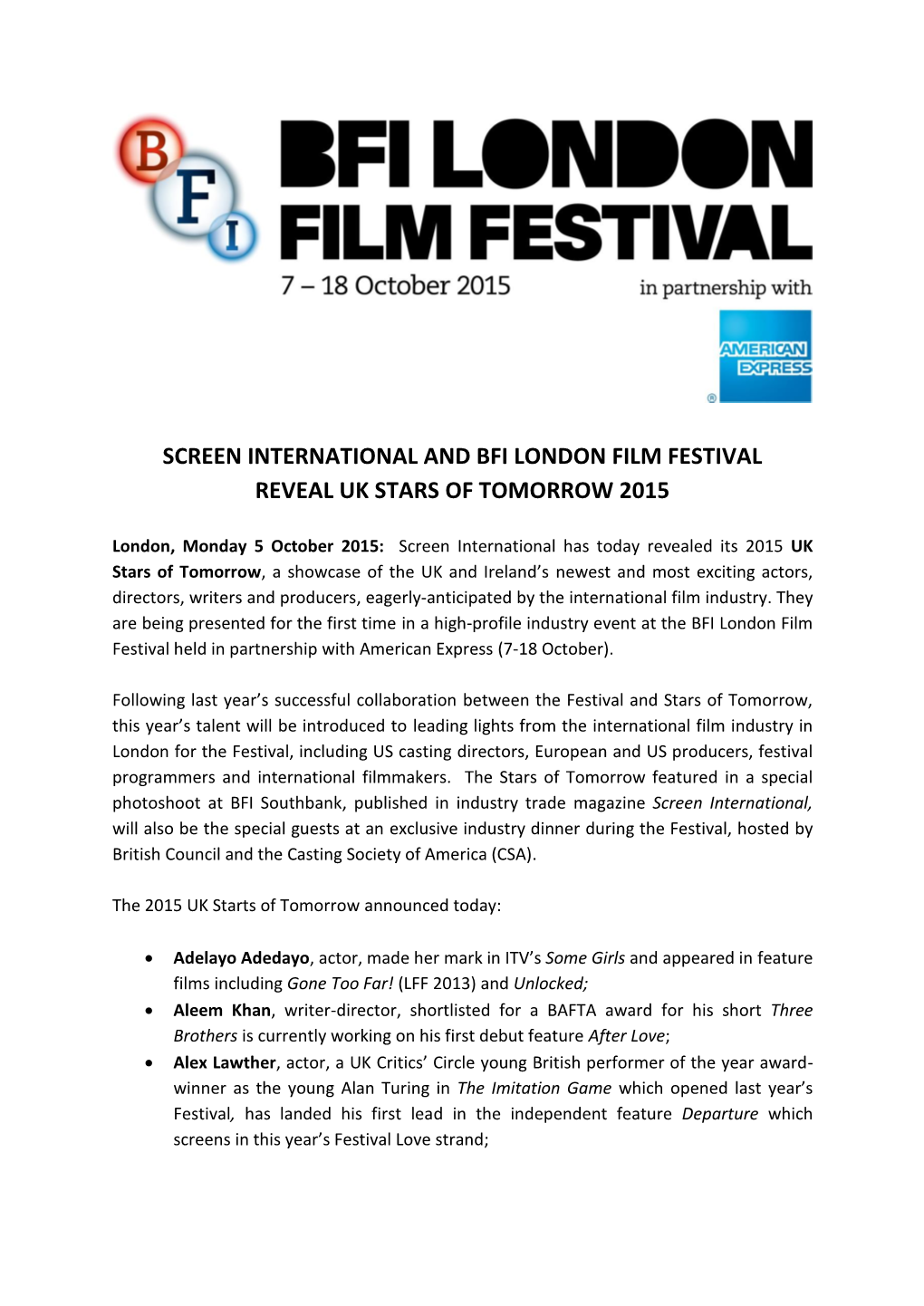 Screen International and Bfi London Film Festival Reveal Uk Stars of Tomorrow 2015