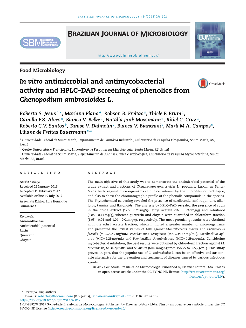 In Vitro Antimicrobial and Antimycobacterial Activity and HPLC–DAD Screening of Phenolics from Chenopodium Ambrosioides L