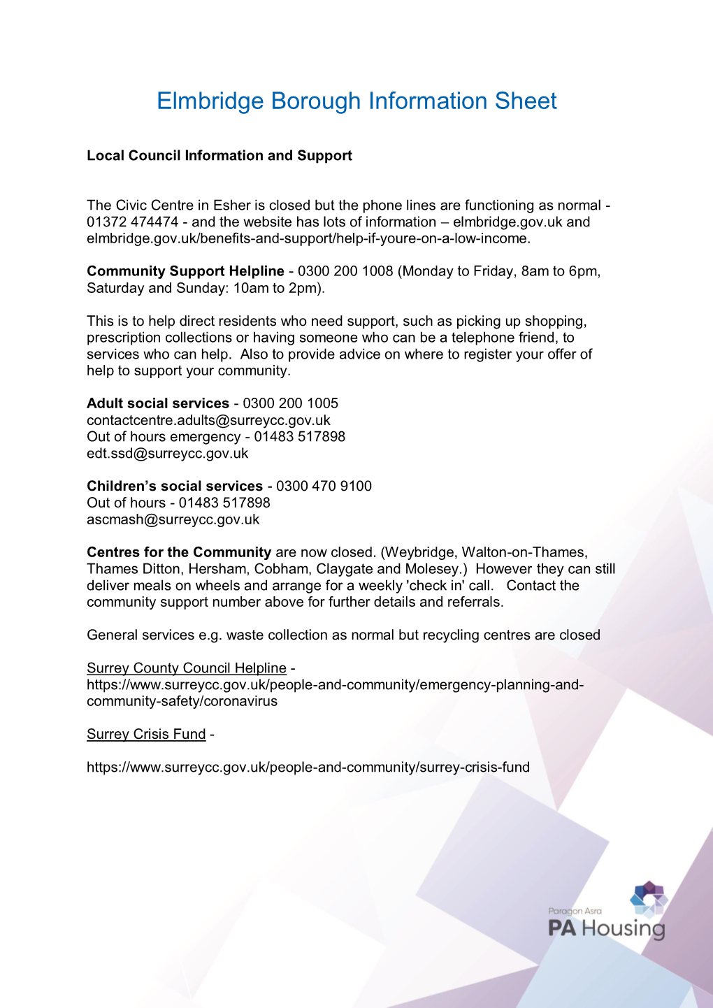 Elmbridge Borough Information Sheet