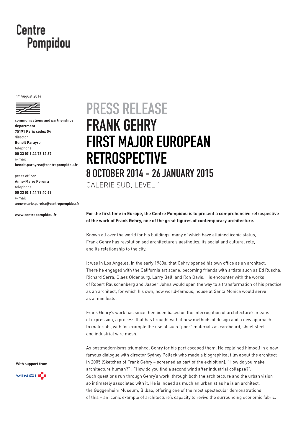 Press Release Frank Gehry First Major European