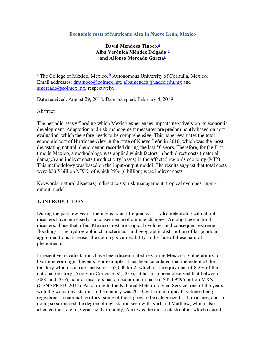 Economic Costs of Hurricane Alex in Nuevo León, Mexico David