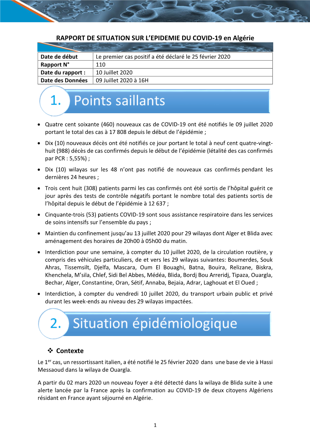 RAPPORT DE SITUATION SUR L'epidemie DU COVID-19 En Algérie Contexte