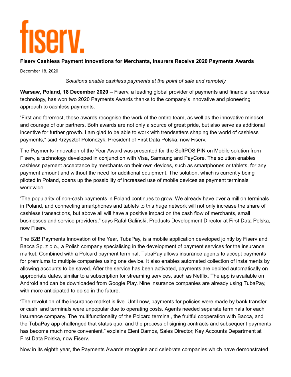 Fiserv Cashless Payment Innovations for Merchants, Insurers Receive 2020 Payments Awards