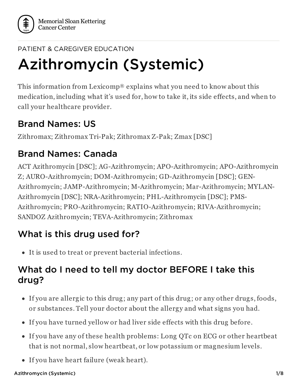 Azithromycin (Systemic) | Memorial Sloan Kettering Cancer Center