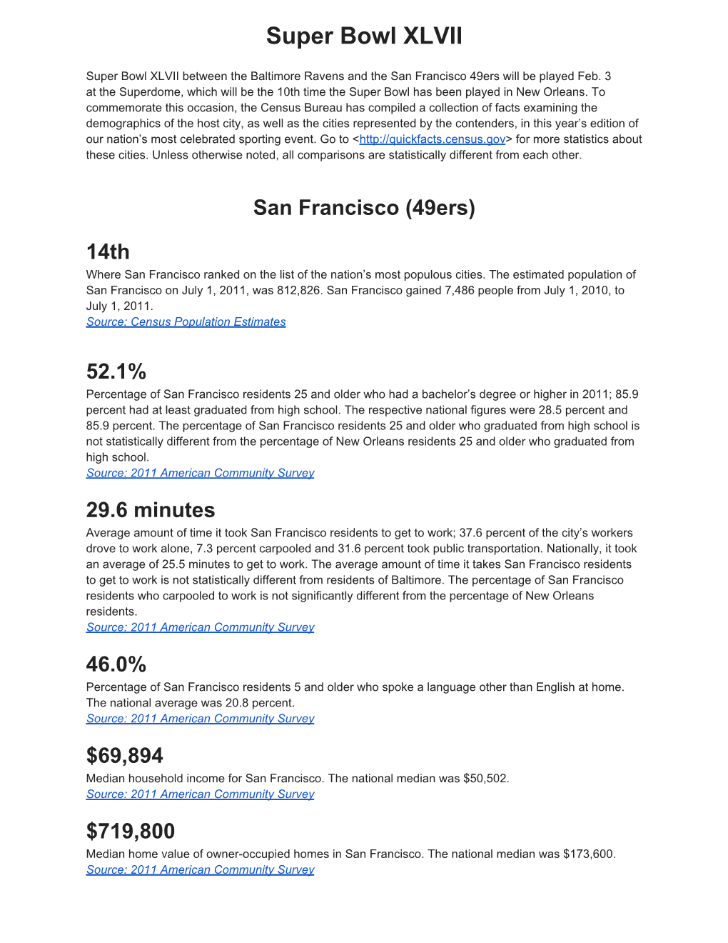 Super Bowl XLVII Statistics