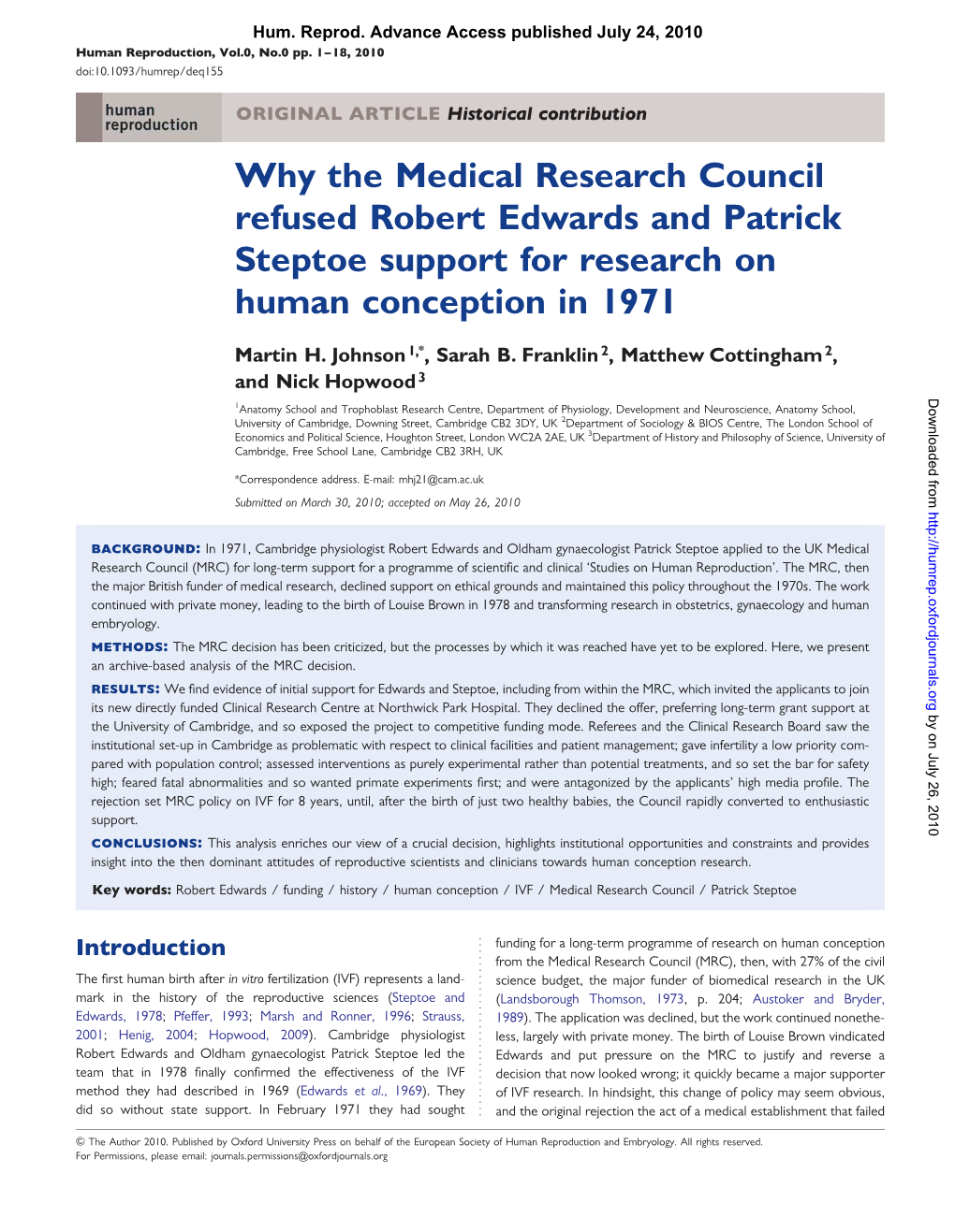 Why the Medical Research Council Refused Robert Edwards and Patrick Steptoe Support for Research on Human Conception in 1971