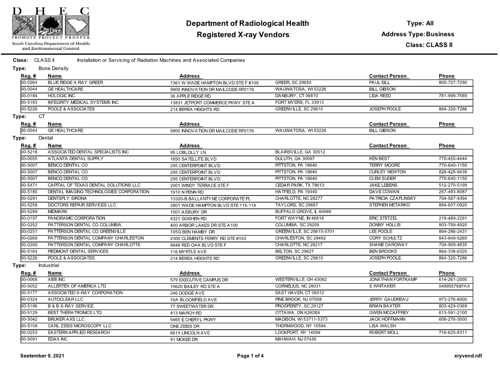 Registered X-Ray Vendors Department of Radiological Health