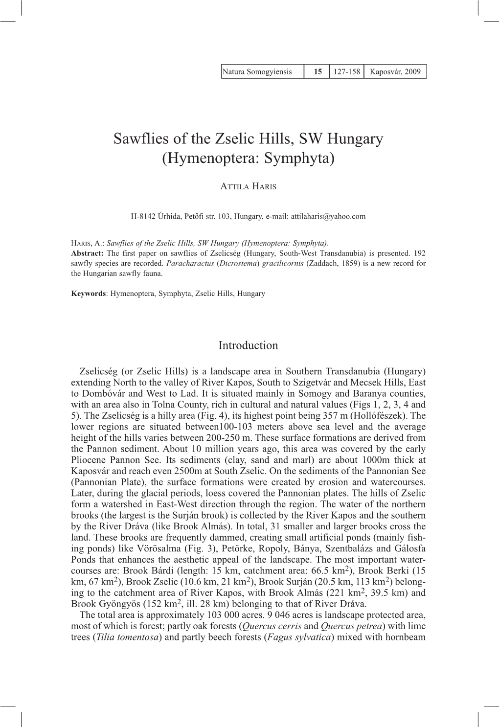 Sawflies of the Zselic Hills, SW Hungary (Hymenoptera: Symphyta)