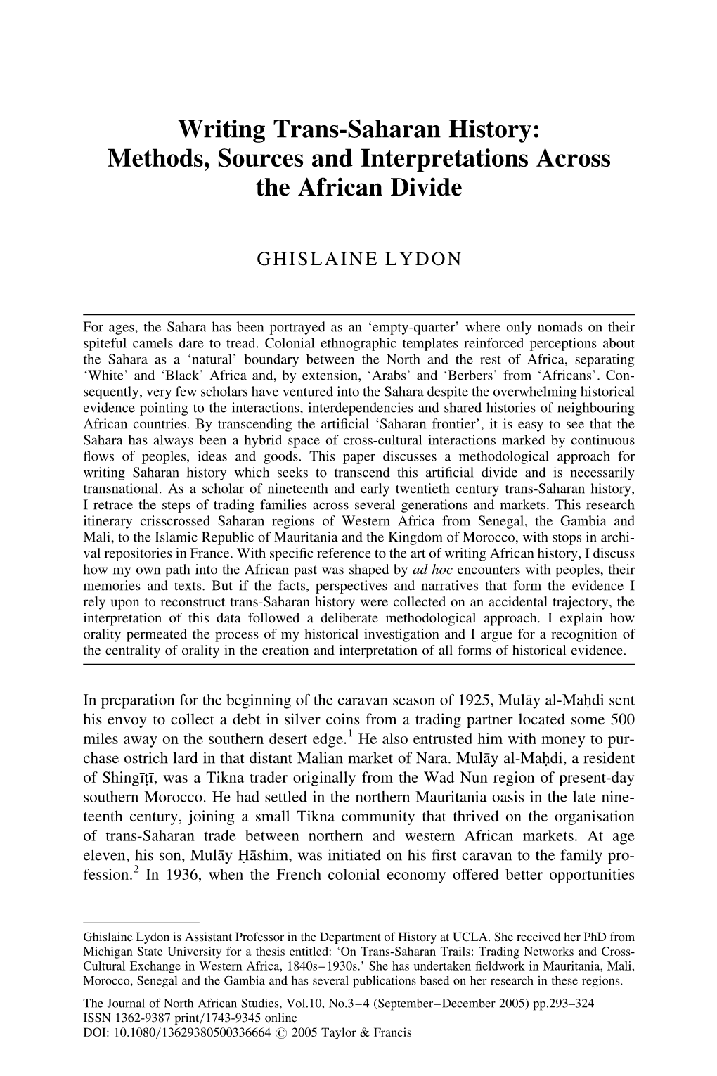 Writing Trans-Saharan History: Methods, Sources and Interpretations Across the African Divide