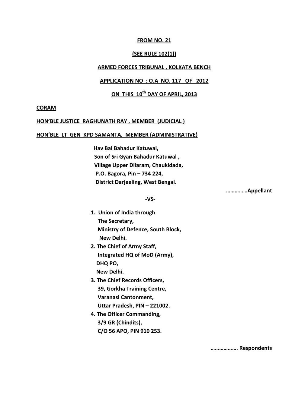 Armed Forces Tribunal , Kolkata Bench Application No