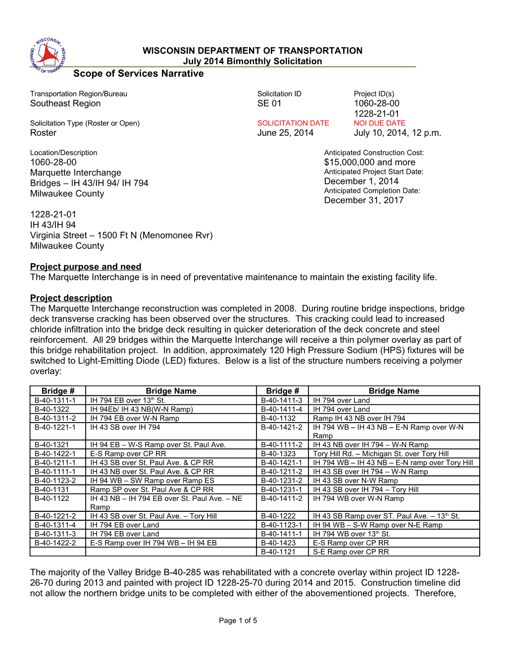 Southeast Region, July 2014, Solicitation Number SE01