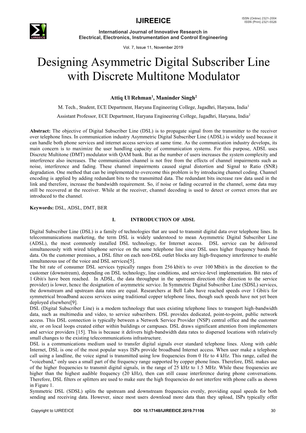 Designing Asymmetric Digital Subscriber Line with Discrete Multitone Modulator