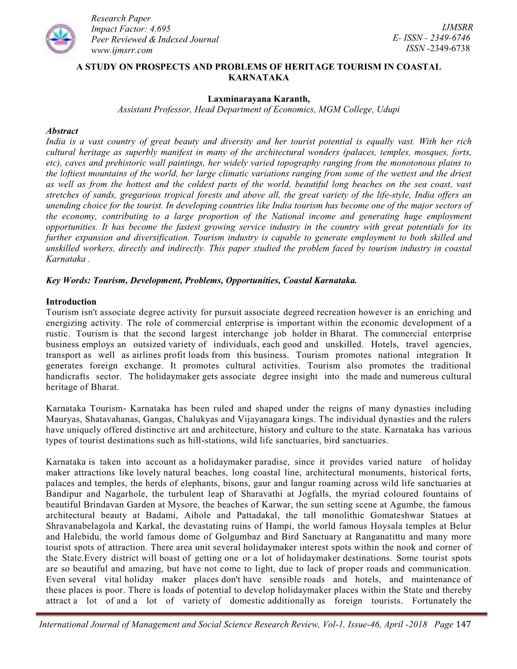 Research Paper Impact Factor: 4.695 Peer Reviewed & Indexed Journal IJMSRR E- ISSN