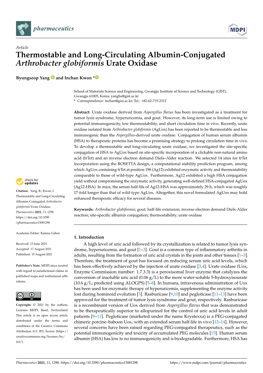 Thermostable and Long-Circulating Albumin-Conjugated Arthrobacter Globiformis Urate Oxidase