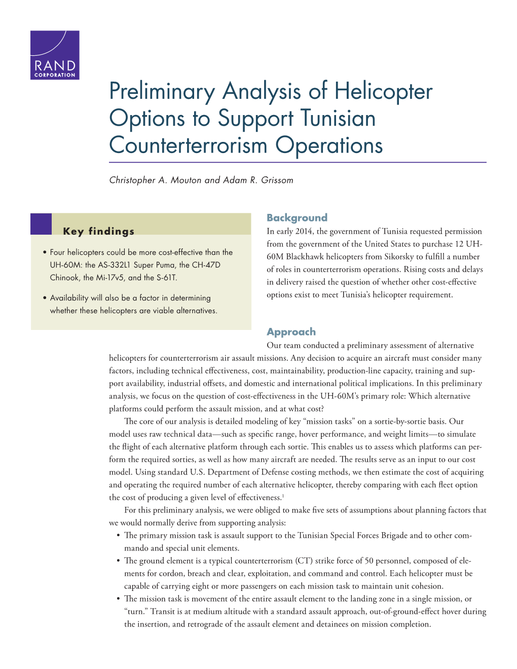 Preliminary Analysis of Helicopter Options to Support Tunisian Counterterrorism Operations
