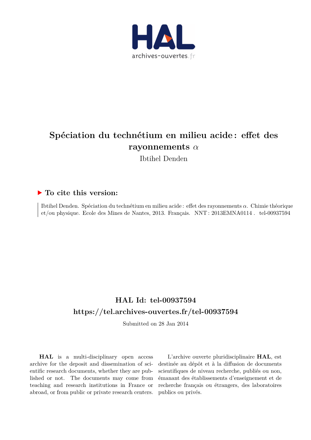 Spéciation Du Technétium En Milieu Acide : Effet Des Rayonnements Α Ibtihel Denden