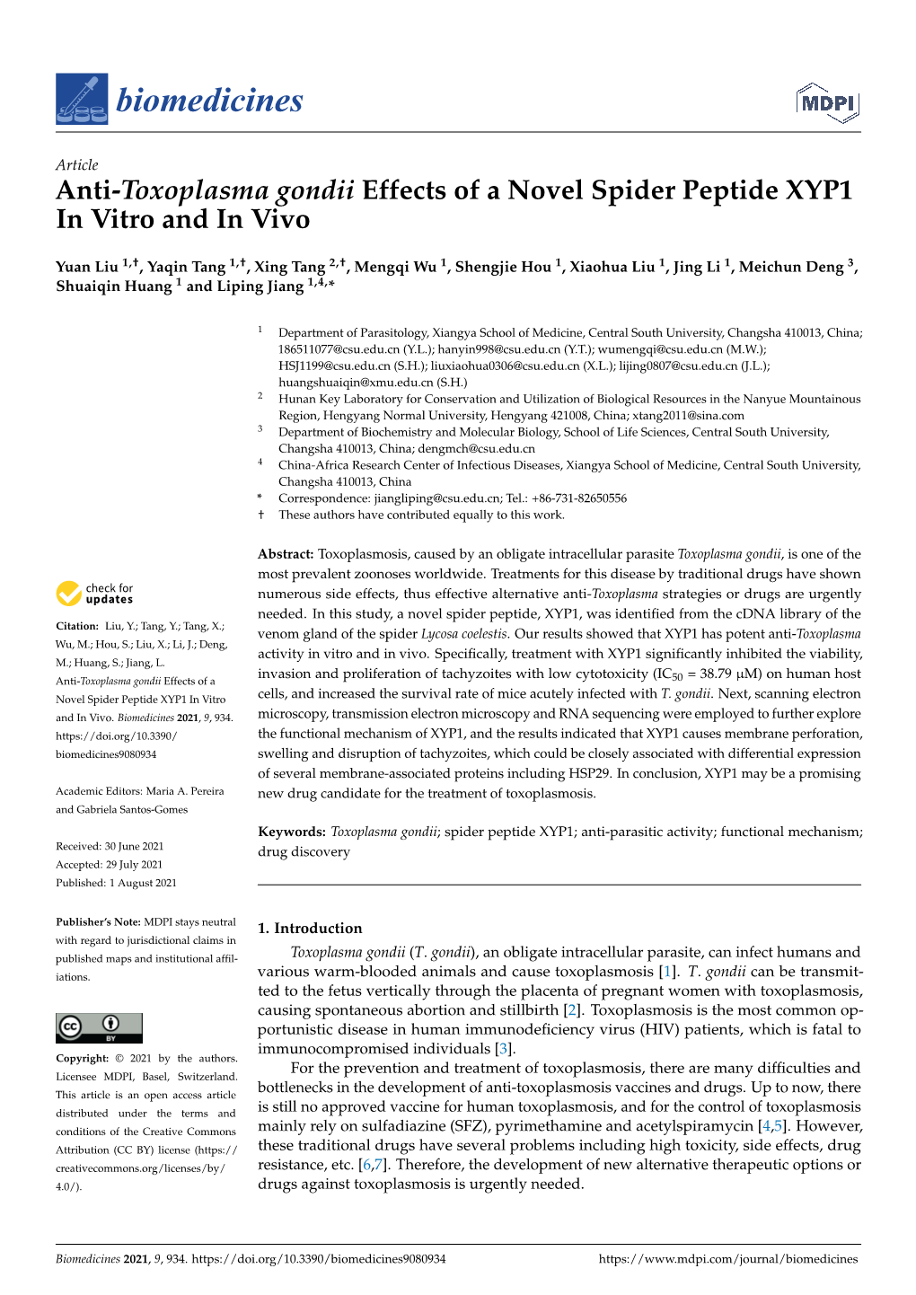 Anti-Toxoplasma Gondii Effects of a Novel Spider Peptide XYP1 in Vitro and in Vivo