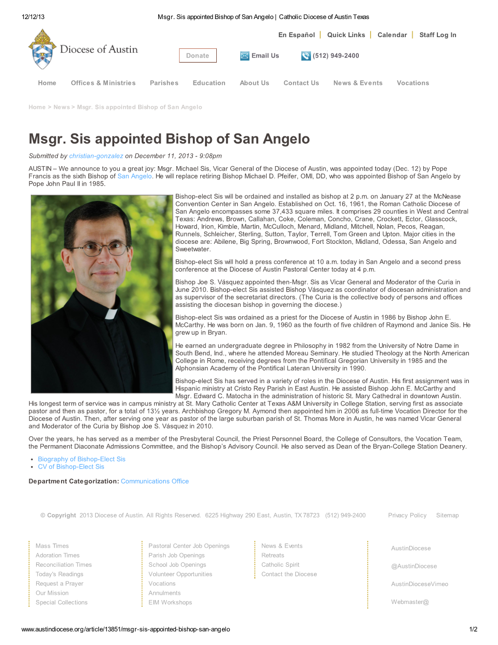 Msgr. Sis Appointed Bishop of San Angelo | Catholic Diocese of Austin Texas