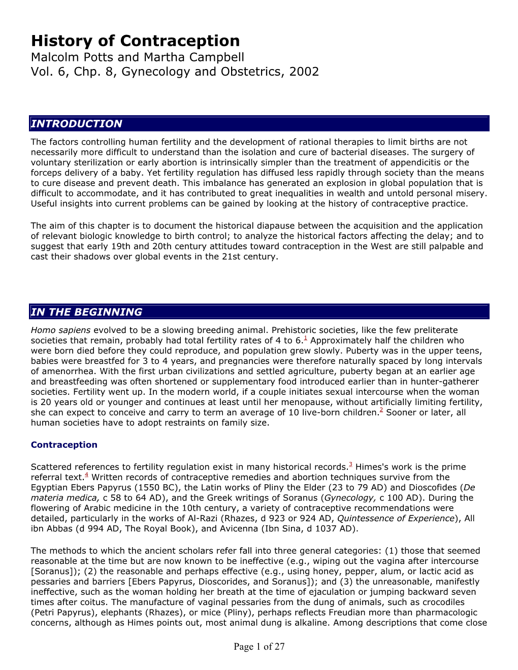 History of Contraception Malcolm Potts and Martha Campbell Vol