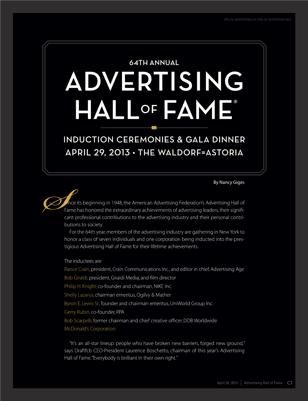 64Th Annual Advertising Hall of Fame Induction Ceremony, His Remarks Will Be Directed to Two Young People in the Audience: His Grandchil- Dren, Ages 5 and 10