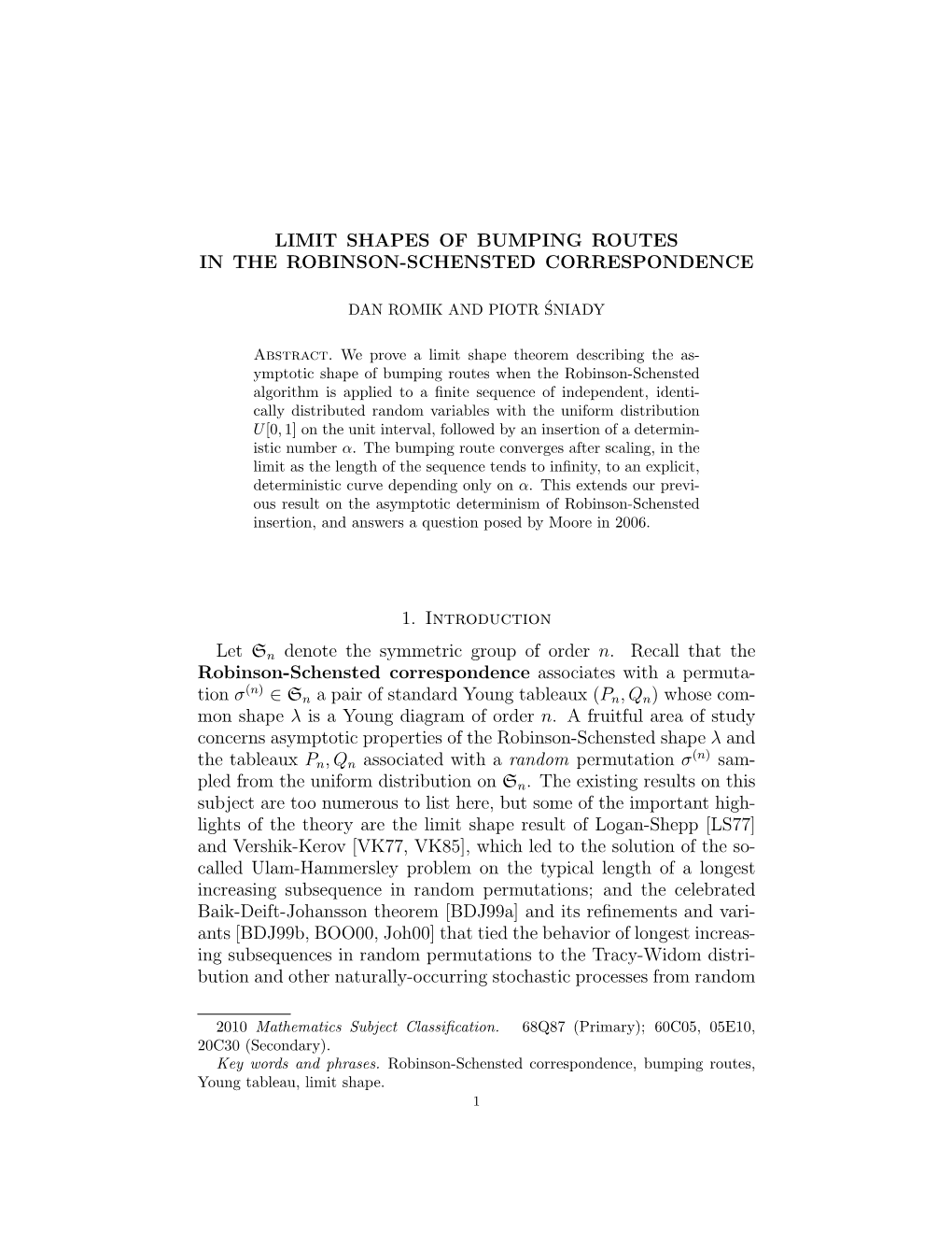 Limit Shapes of Bumping Routes in the Robinson-Schensted Correspondence