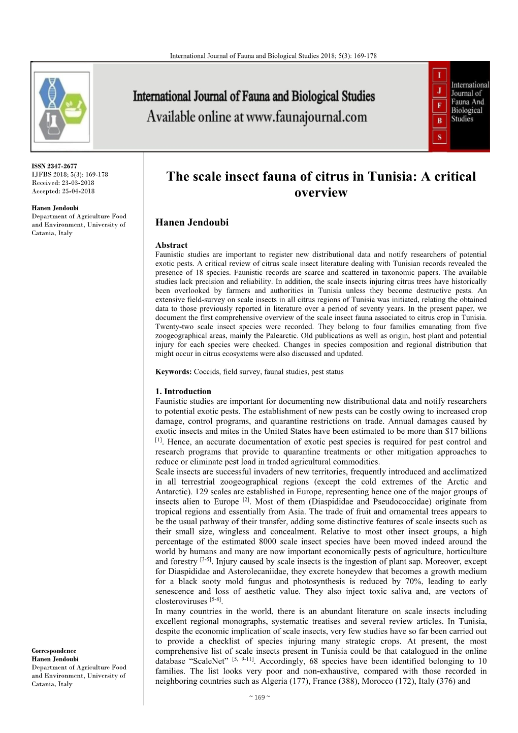 The Scale Insect Fauna of Citrus in Tunisia: a Critical Overview