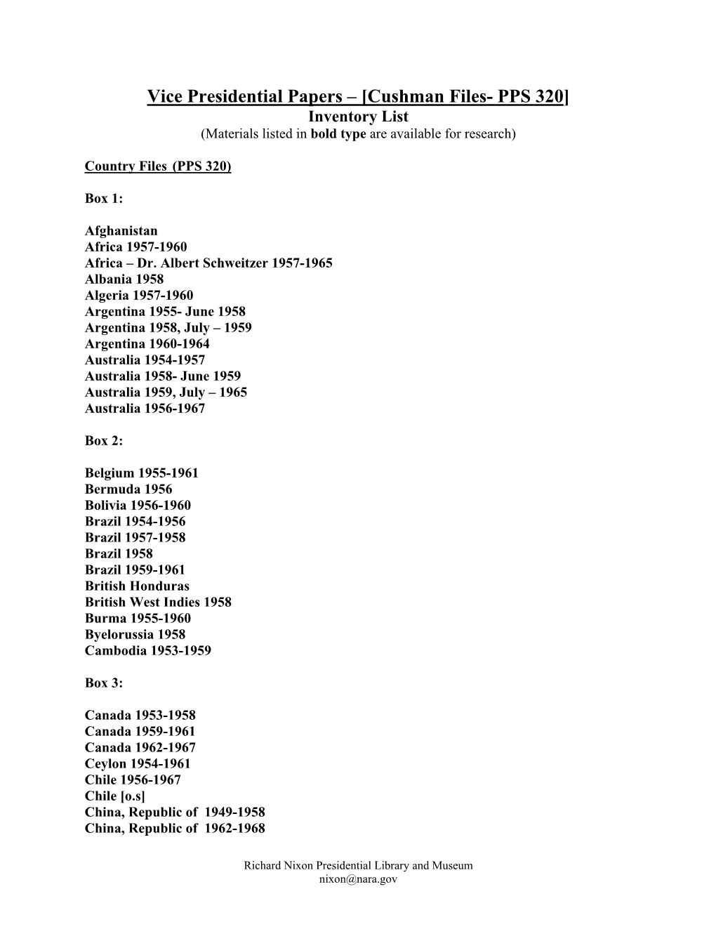 Inventory for Vice Presidential Papers (Cushman Files