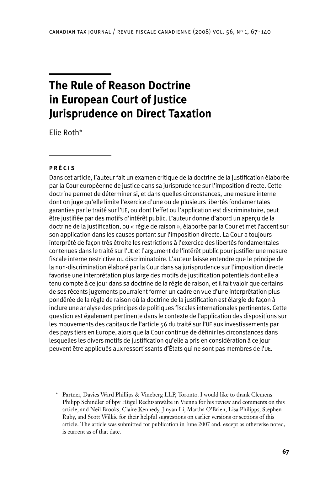 The Rule of Reason Doctrine in European Court of Justice Jurisprudence on Direct Taxation