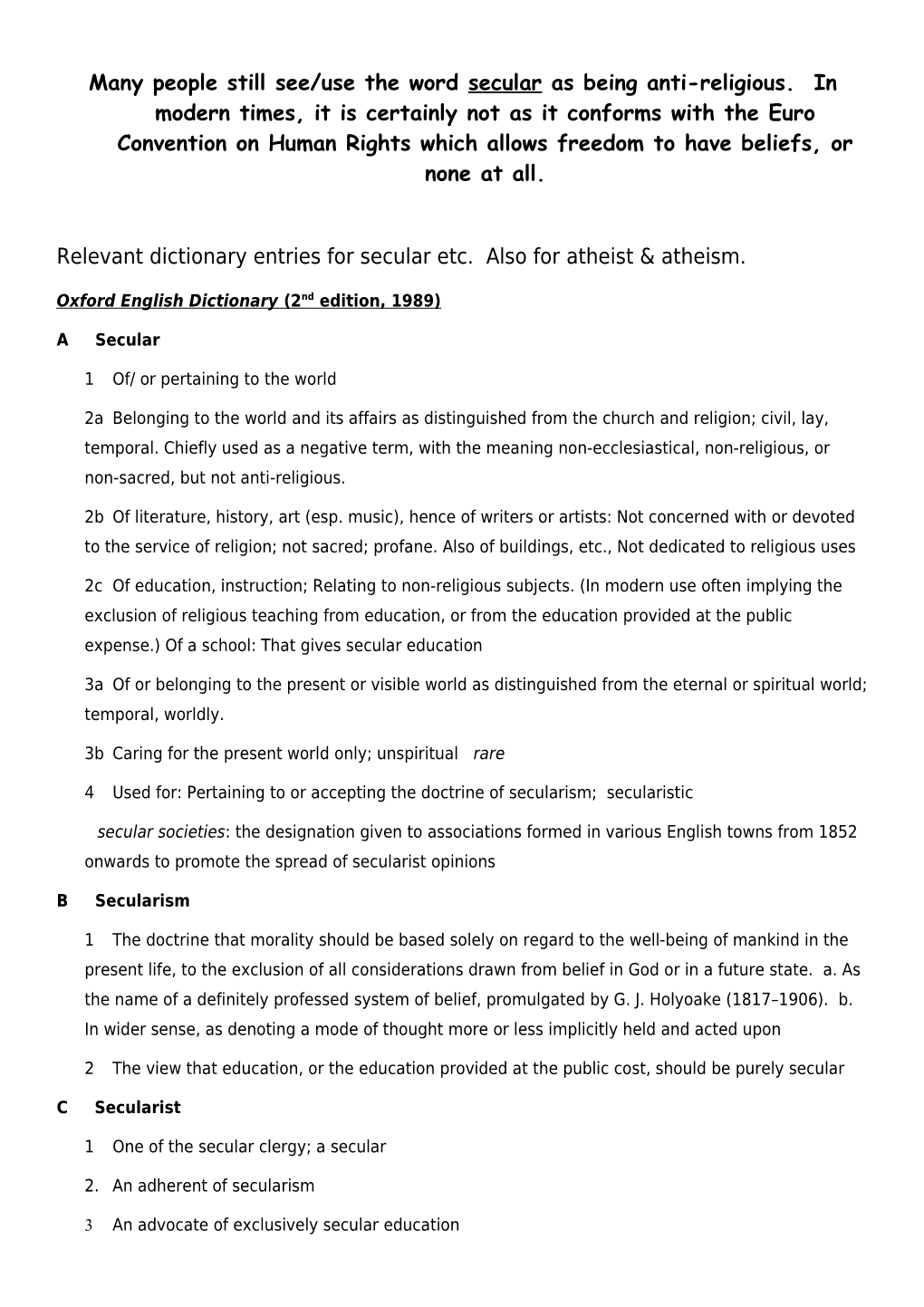 Relevant Dictionary Entries for Secular Etc. Also for Atheist & Atheism