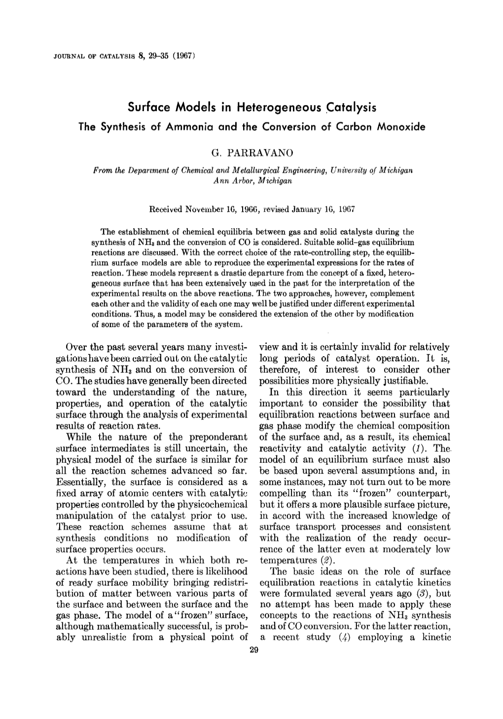 Surface Models in Heterogeneous Catalysis the Synthesis of Ammonia and the Conversion of Carbon Monoxide