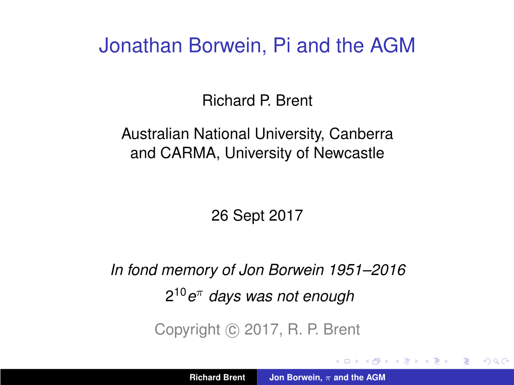 Jonathan Borwein, Pi and the AGM