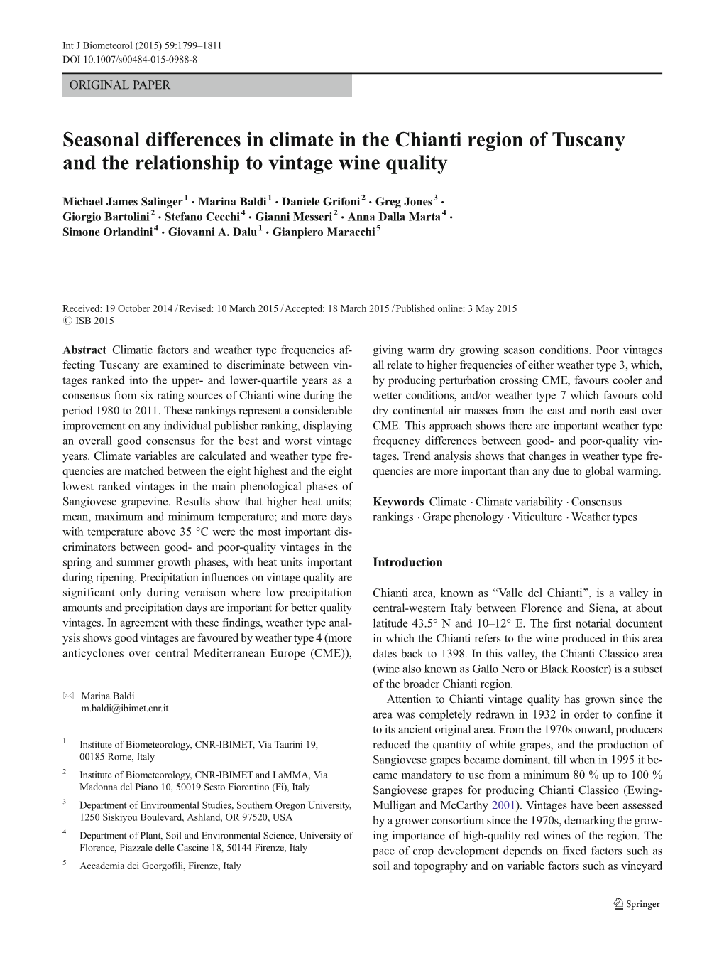 Seasonal Differences in Climate in the Chianti Region of Tuscany and the Relationship to Vintage Wine Quality