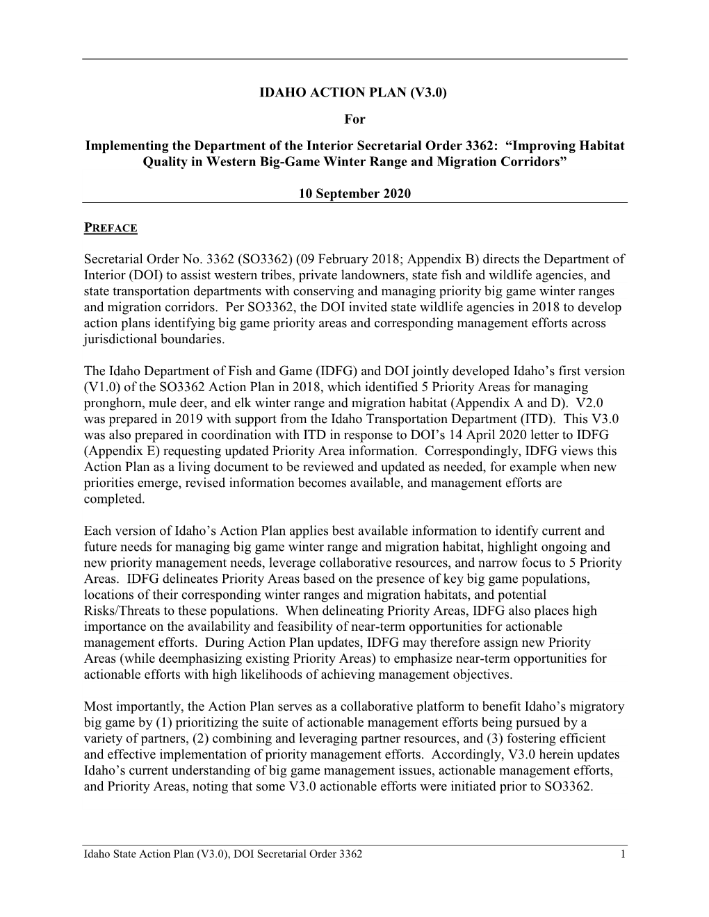 IDAHO ACTION PLAN (V3.0) for Implementing the Department of the Interior Secretarial Order 3362