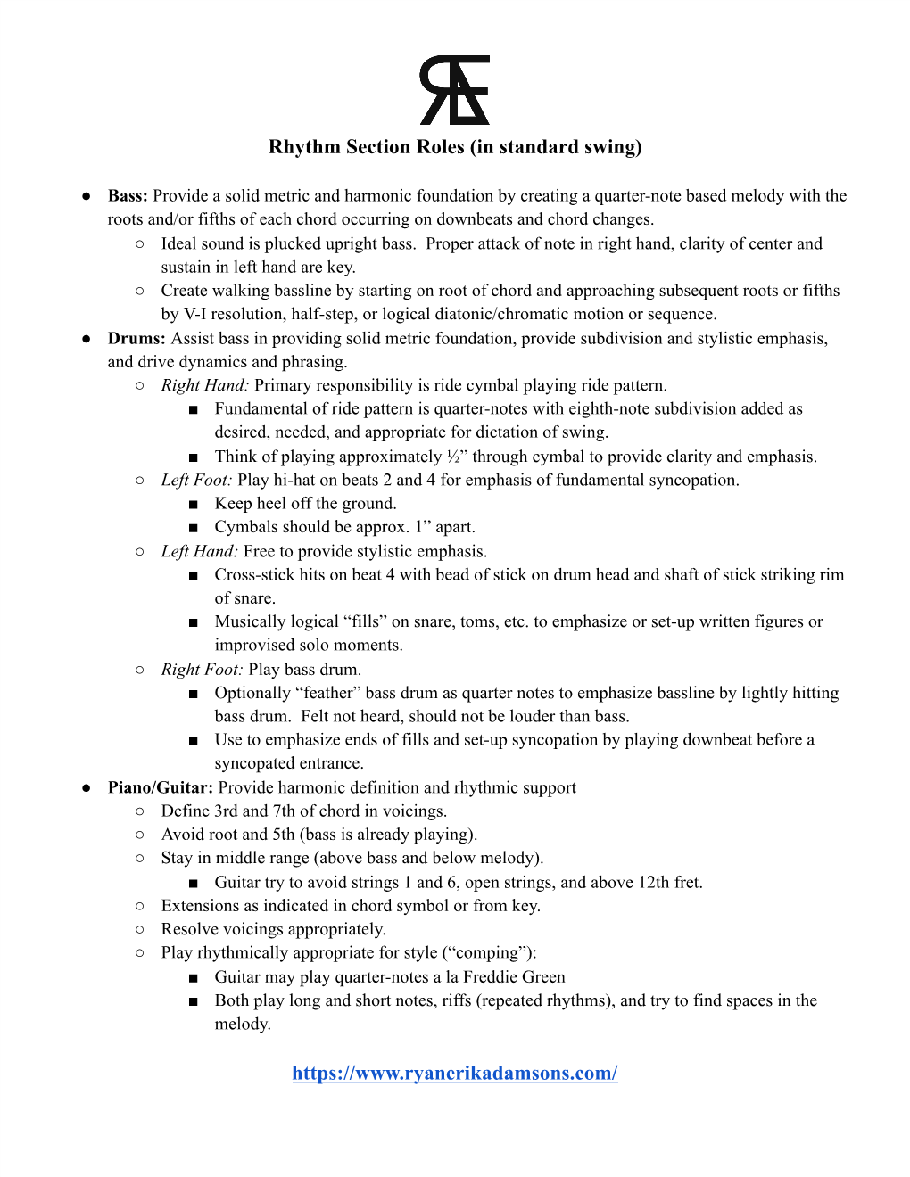 Rhythm Section Roles (In Standard Swing)