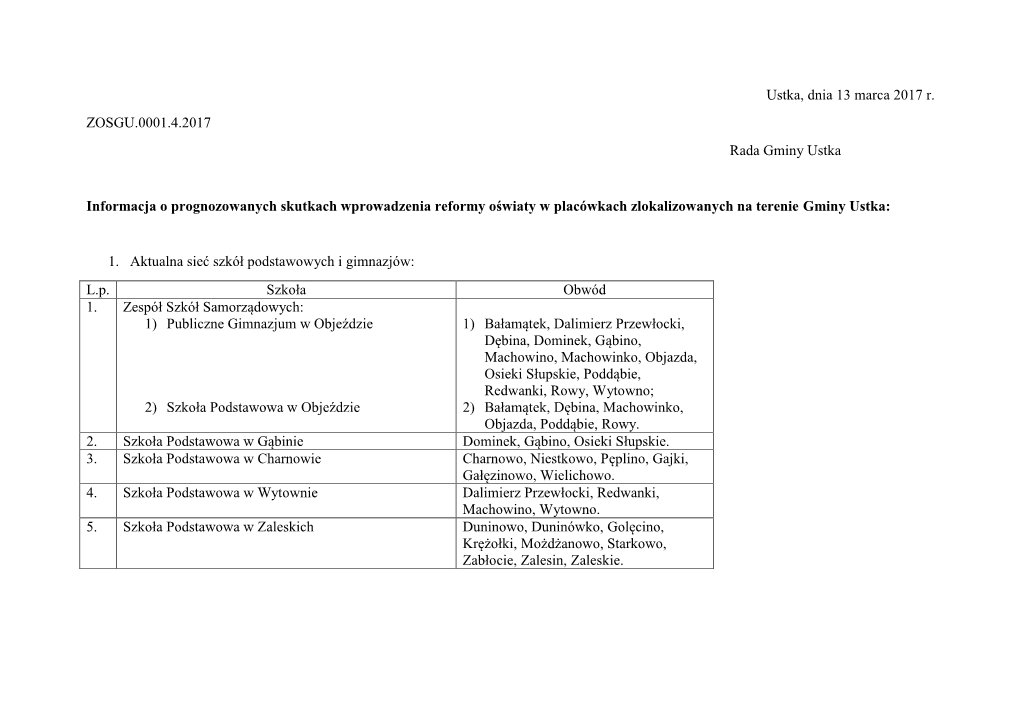 Ustka, Dnia 13 Marca 2017 R. ZOSGU.0001.4.2017 Rada Gminy Ustka Informacja O Prognozowanych Skutkach Wprowadzenia Reformy Oświa