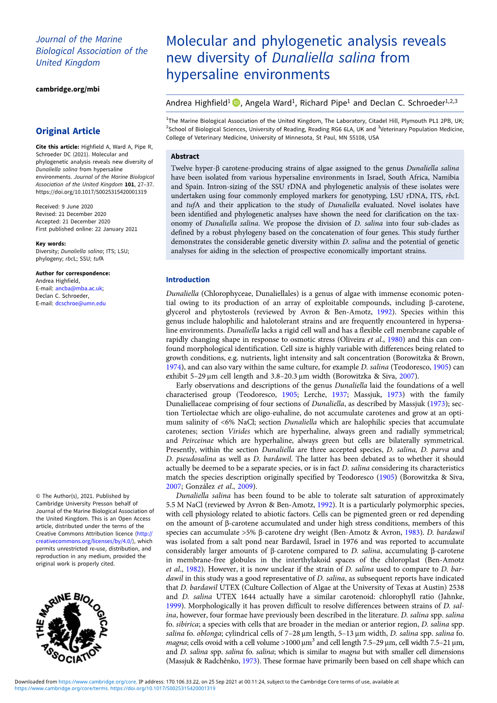 Molecular and Phylogenetic Analysis Reveals New Diversity of Dunaliella