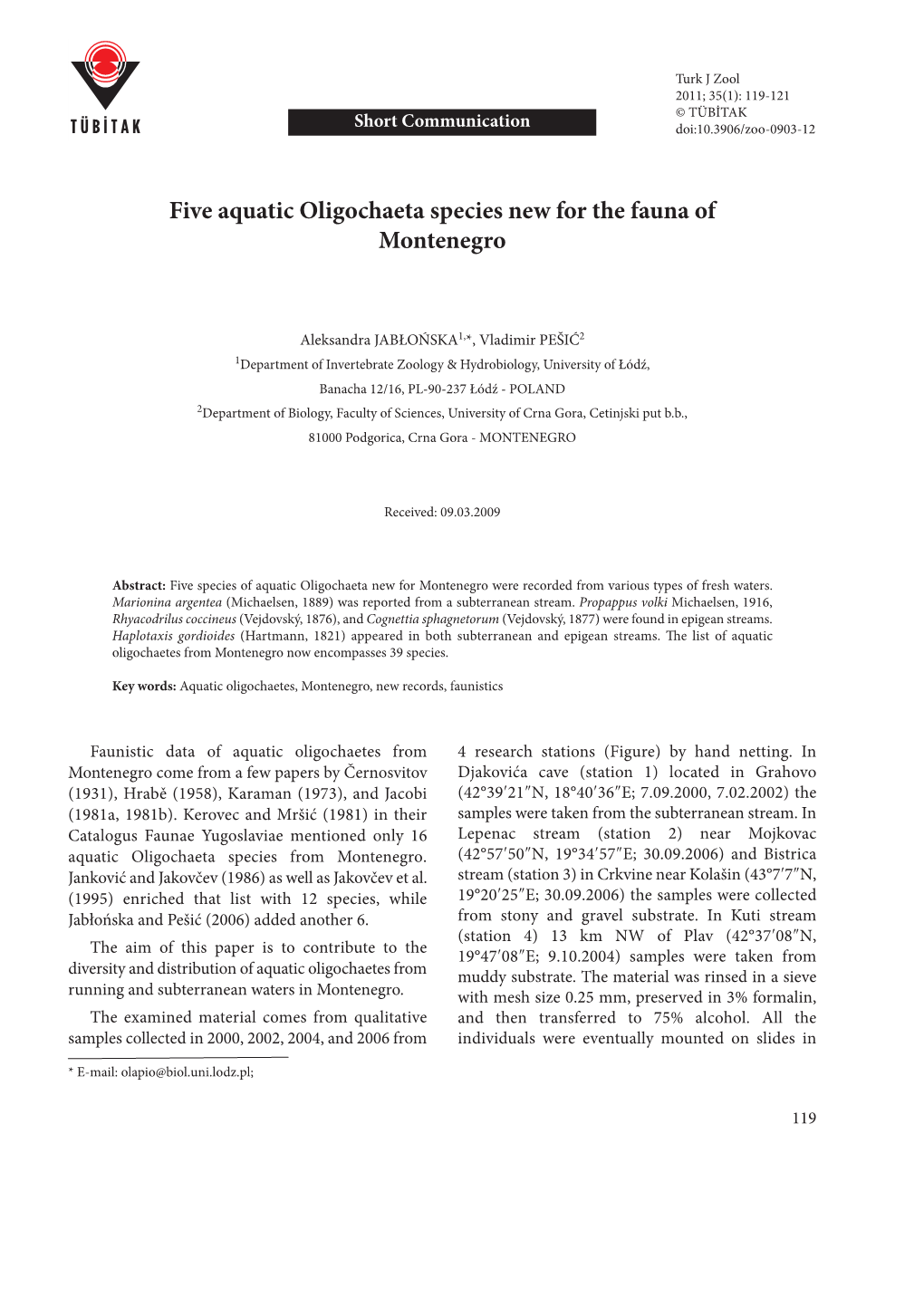 Five Aquatic Oligochaeta Species New for the Fauna of Montenegro