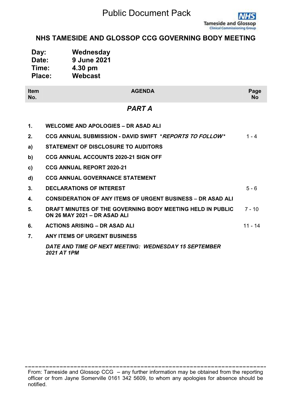 (Public Pack)Agenda Document for NHS TAMESIDE and GLOSSOP