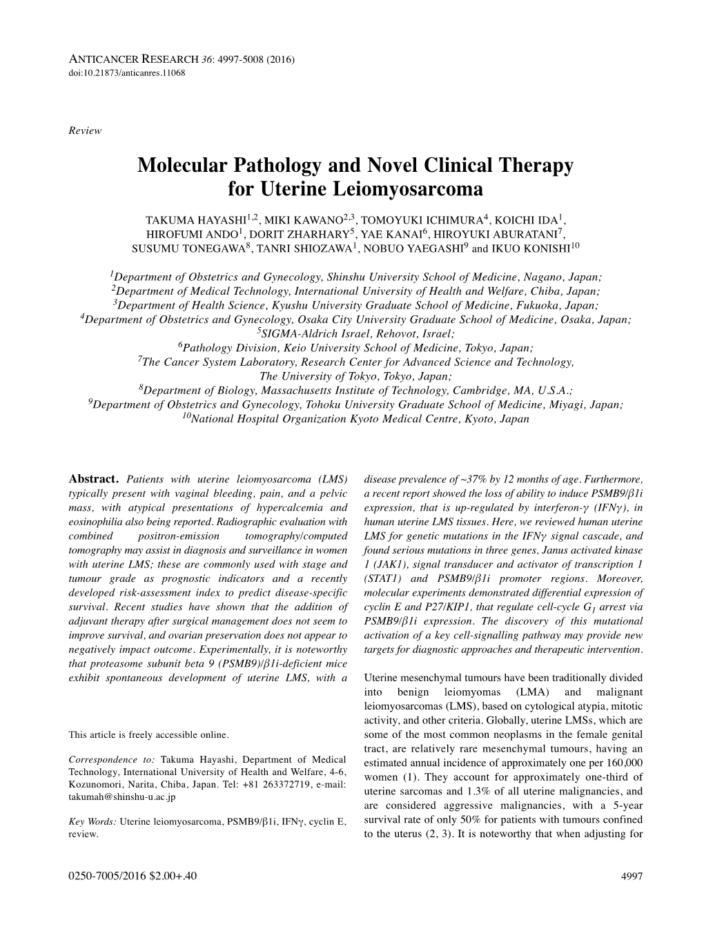 Molecular Pathology and Novel Clinical Therapy for Uterine