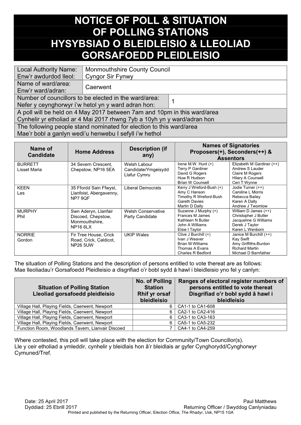 Notice of Poll & Situation of Polling Stations Hysybsiad O Bleidleisio & Lleoliad Gorsafoedd Pleidleisio