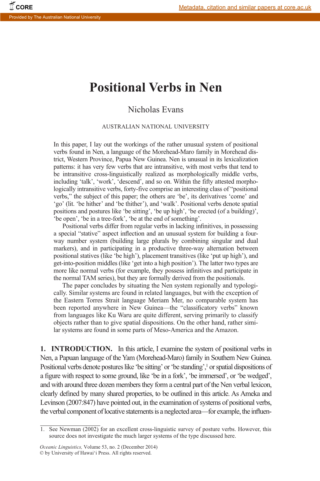 Positional Verbs in Nen