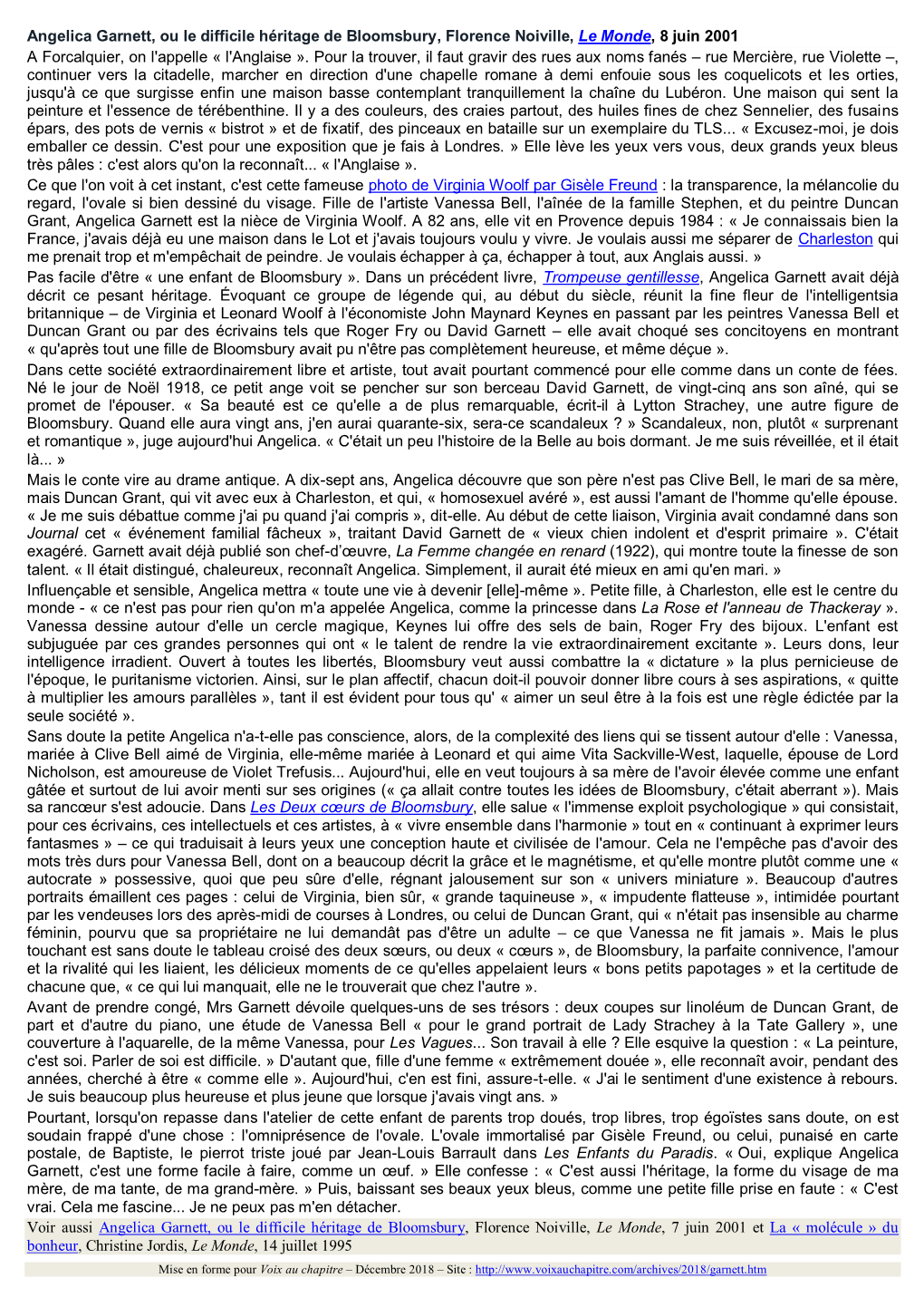 Angelica Garnett, Ou Le Difficile Héritage De Bloomsbury, Florence Noiville, Le Monde, 8 Juin 2001 a Forcalquier, on L'appelle « L'anglaise »