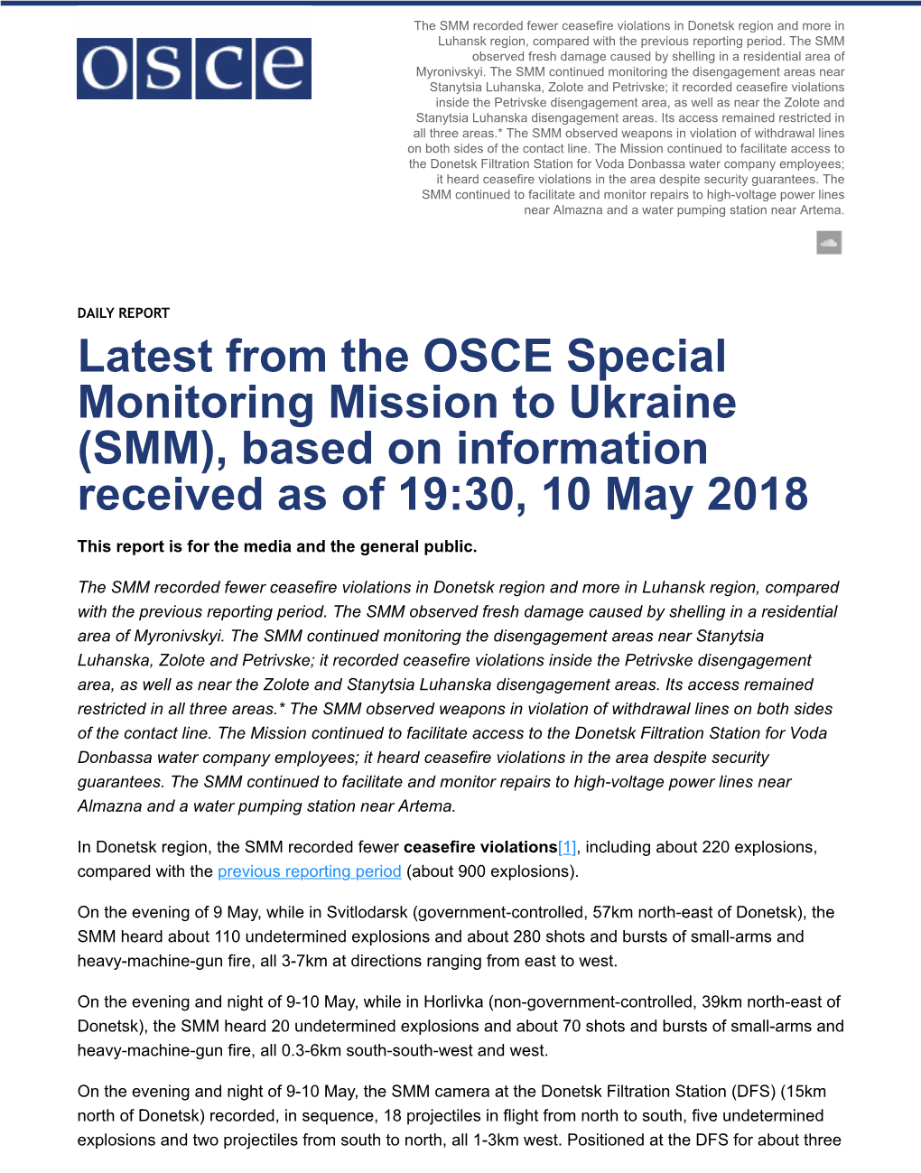 Latest from the OSCE Special Monitoring Mission to Ukraine (SMM), Based on Information Received As of 19:30, 10 May 2018